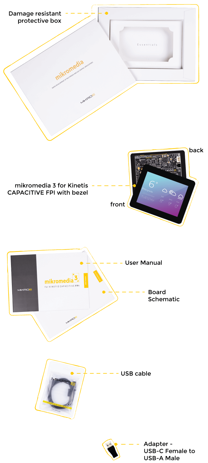what is in the box Mikromedia 5 for Kinetis Capacitive FPI with bezel